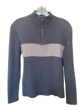 Ralph Lauren Gray Ribbed Half-Zip Sweater with Cream Stripe - Women 100% cotton